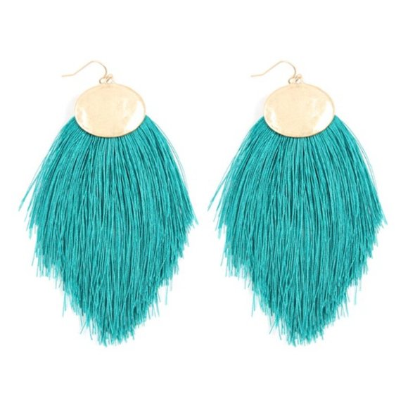 Teal Oversized Boho Thread Tassel Drop Earrings - Picture 2 of 4